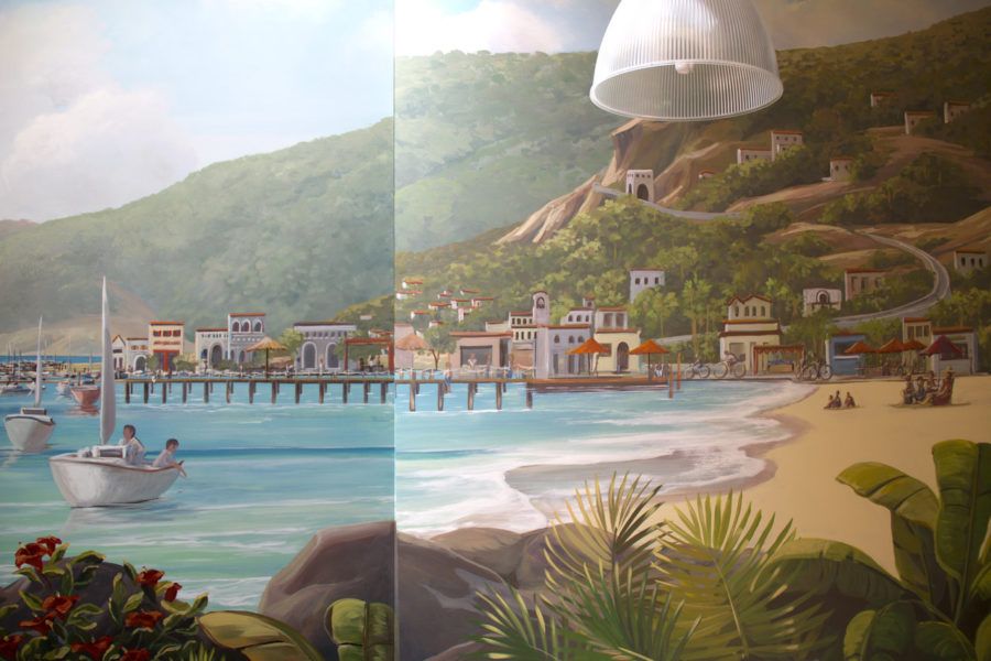 Pier Mural with Beach and Quaint Coastal Town