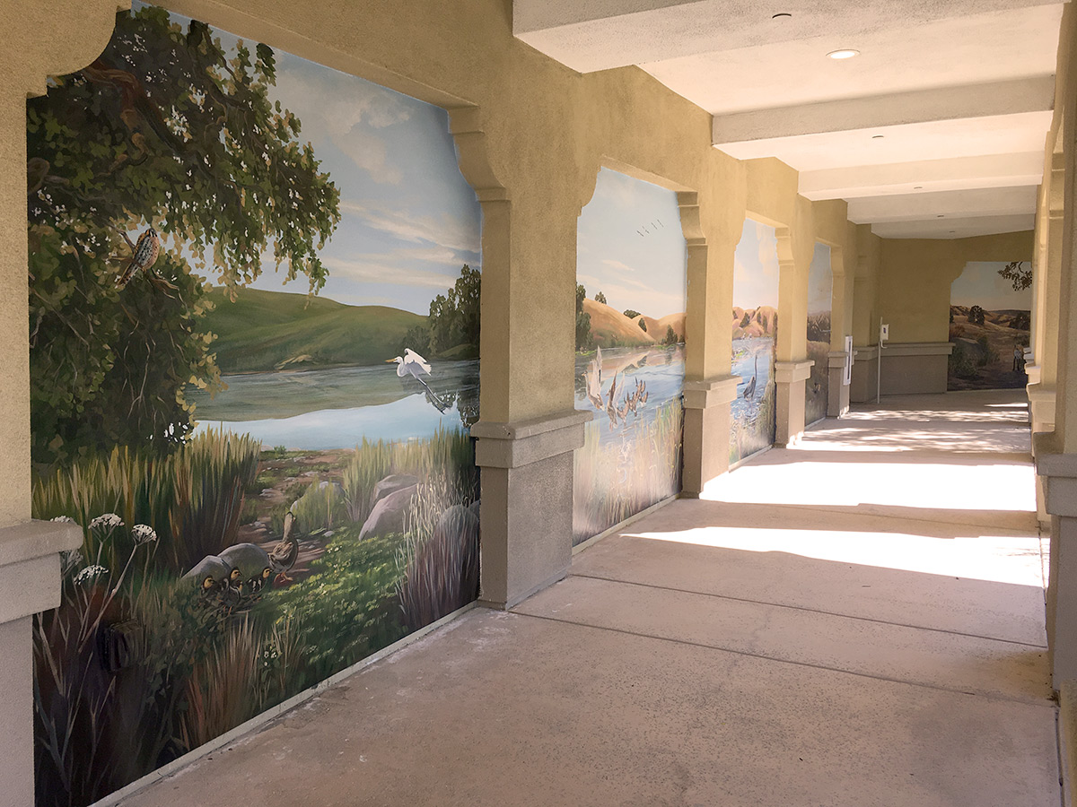 Outdoor Walkway Mural with Nature Preserve Lake Landscape and White Egret