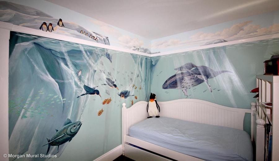 Antarctic Mural with Penguins and Humpback Whales Painted in Kids Bedroom