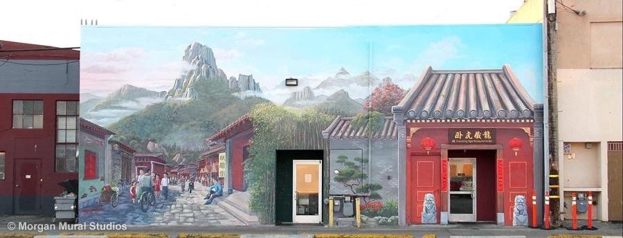 Chinese Village Mural Painting with Mountain Landscape
