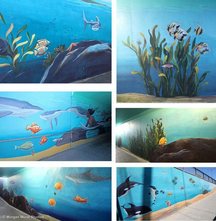 Ocean Mural Painting for Palo Alto Underpass with Orcas, Humpback Whales, and Colorful Fish