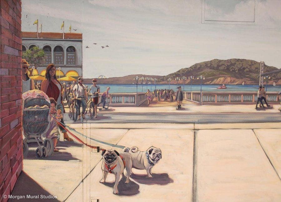 Pug Mural with Painted Coastal Views in San Francisco