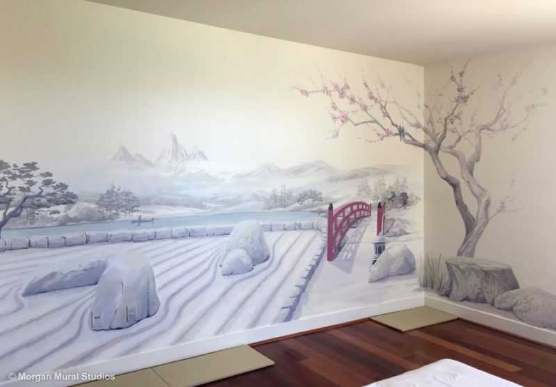 Cherry blossom tree mural with zen garden