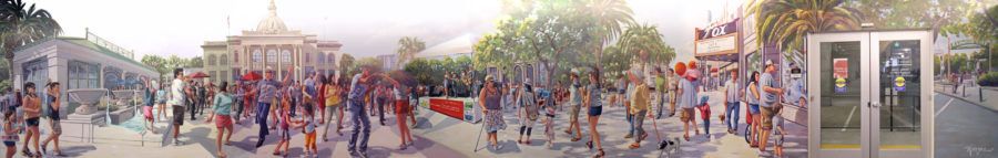 Redwood City bank mural with urban landscape and crowd of people