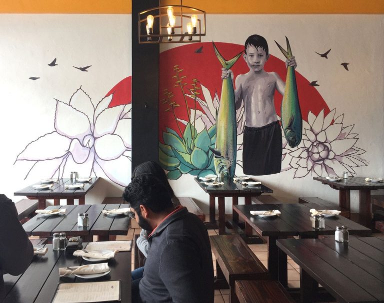 Boy portrait mural in Mexican restaurant