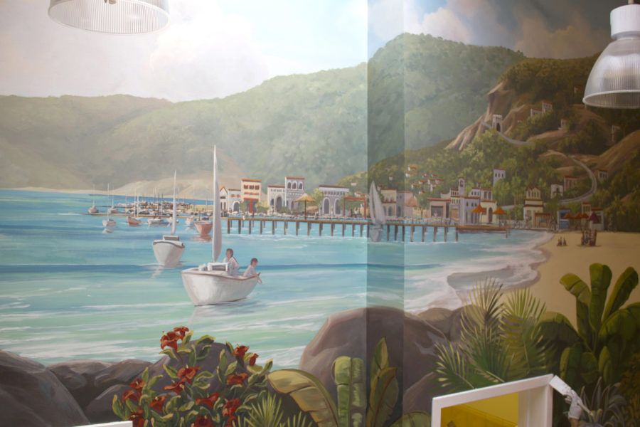 Beach Boats Mural with Mexico Coastline