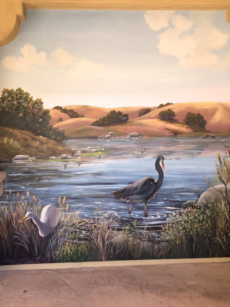 Grey heron mural with California Landscape