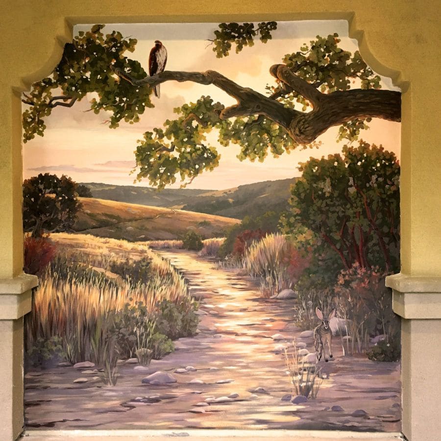 Falcon and tree mural for art in Pleasanton