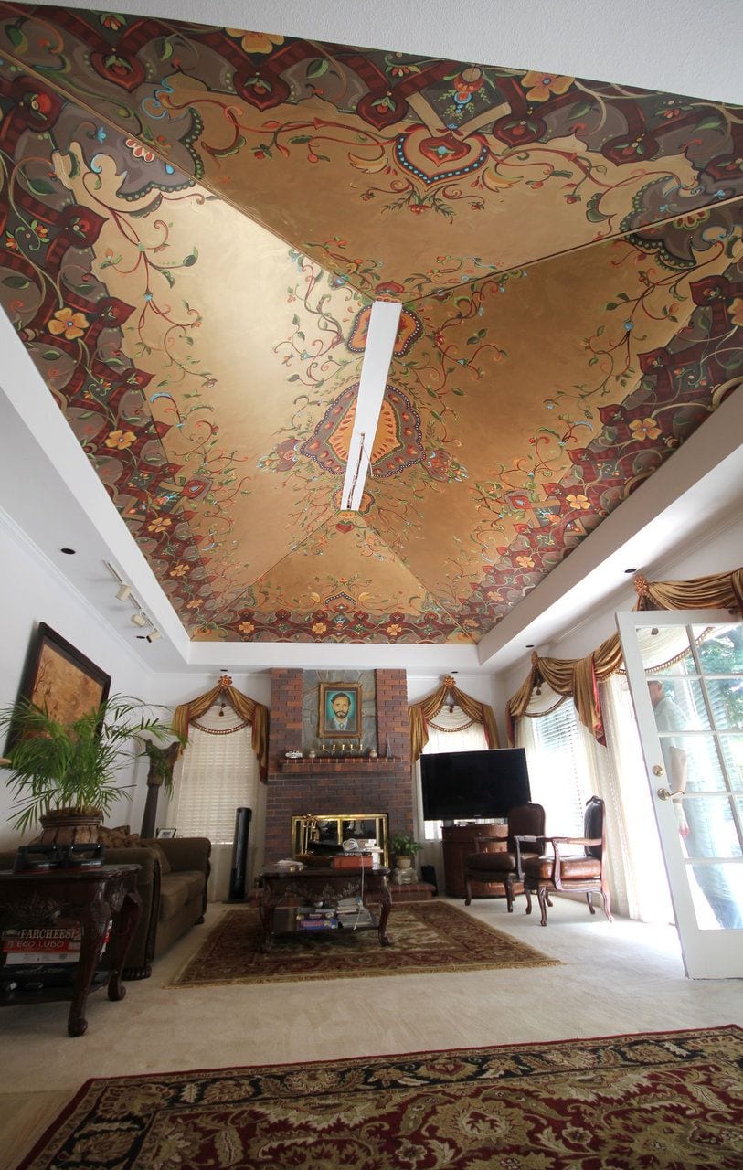 Golden Scrollwork Ceiling Mural in Luxury Room