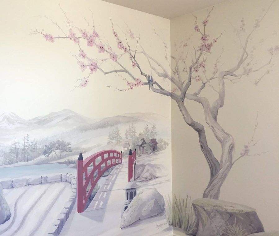 Misty mountain mural with cherry blossom tree