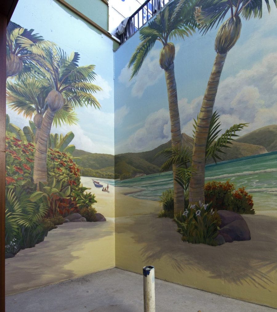 Palm Trees Mural with Beach and Seaside Views
