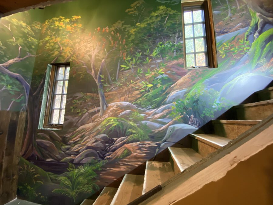 Lush Green Mural Painting with Trees, Bushes, and Other Plants