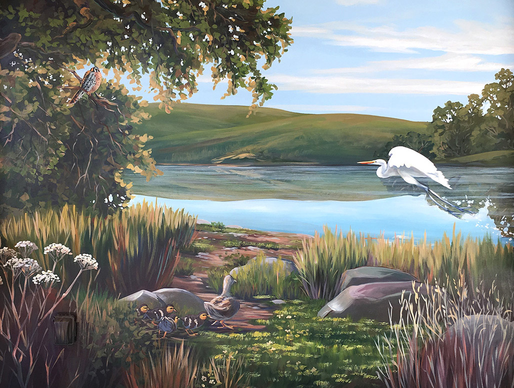 White Egret in Flight Mural with Lake Views