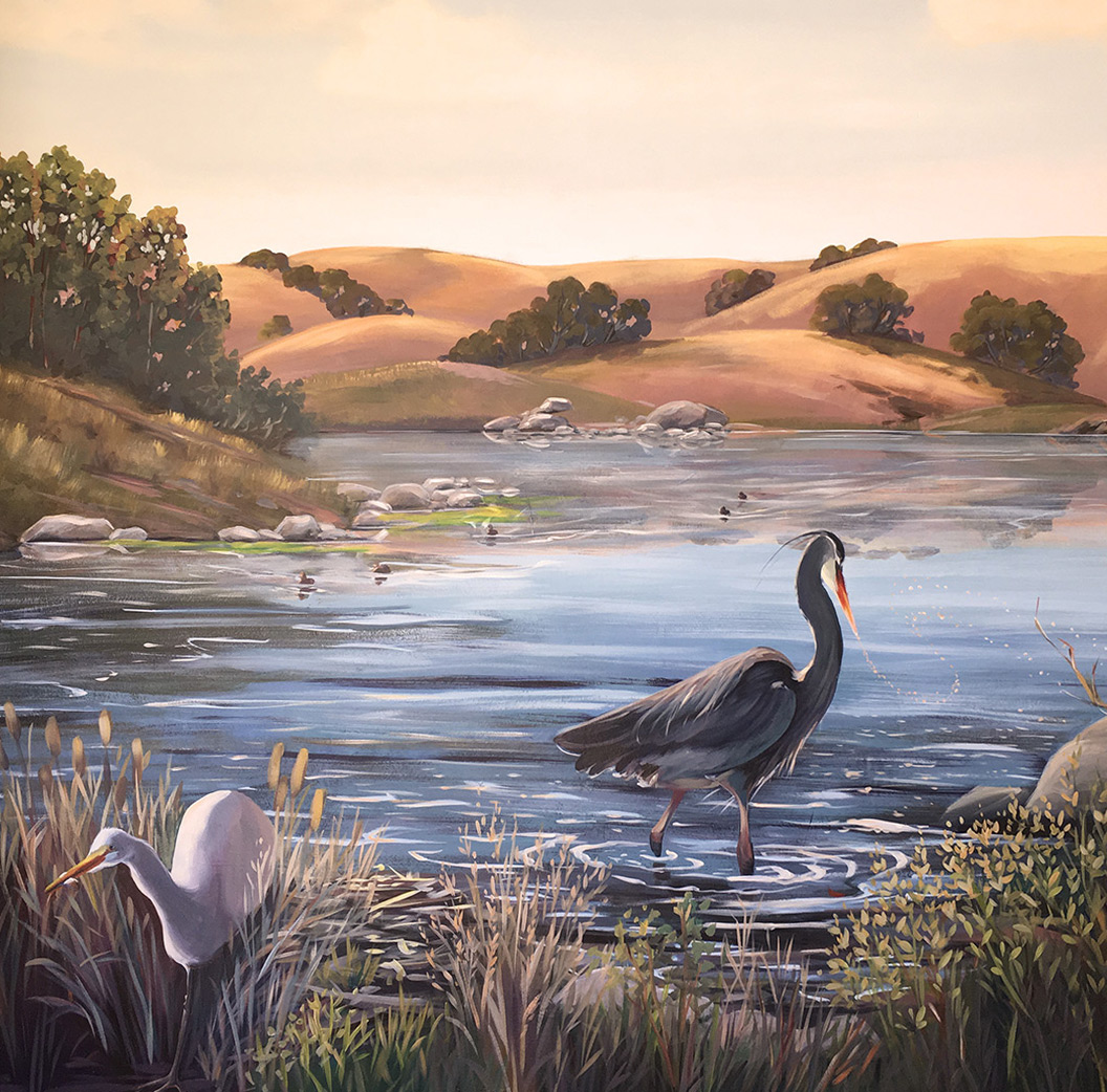 Great Blue Heron Mural Painting - Fishing in the Shallow Water