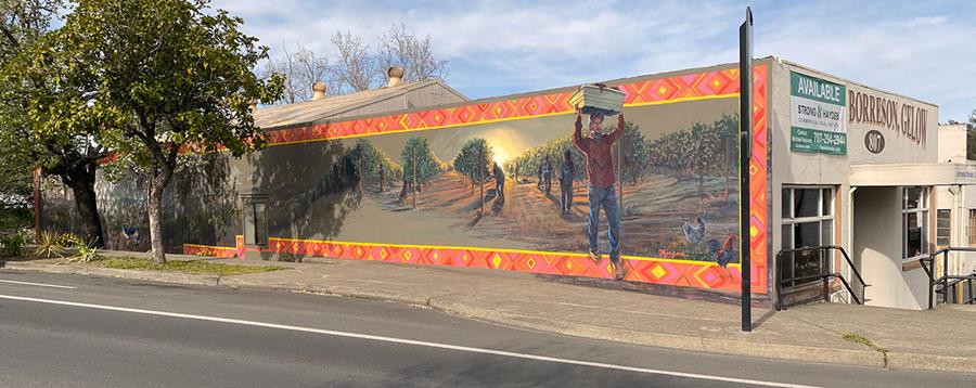 Sunset Colors Mural Depicting Vineyard Farmworkers in Napa