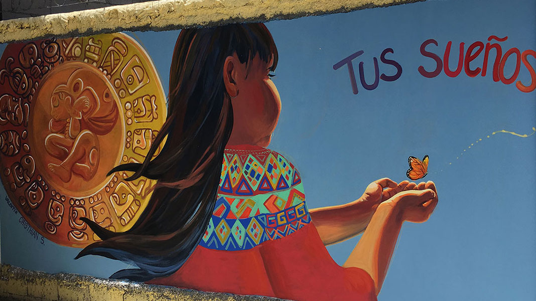 Guatemalan Girl Mural with Butterfly and Mayan Calendar