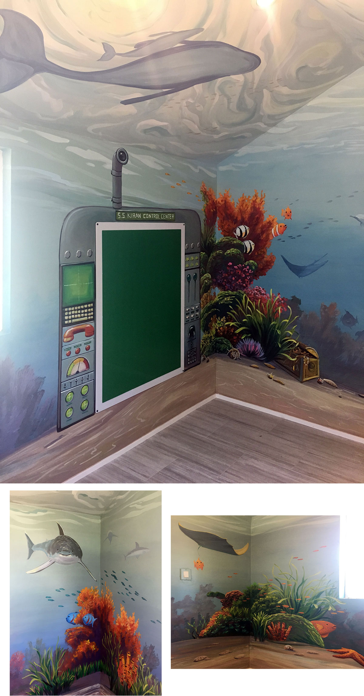 Submarine Mural with Coral, Fish, and Treasure Chest for Boy's Bedroom