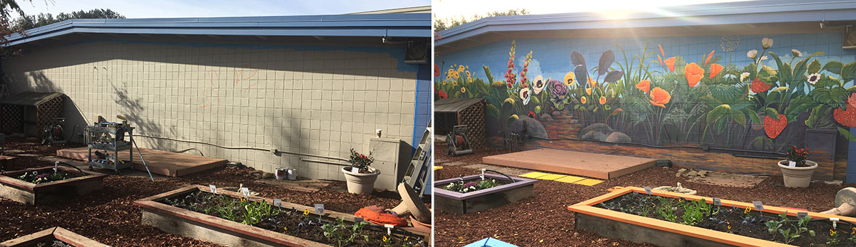 School Wildflower Garden Mural with Before and After Pictures