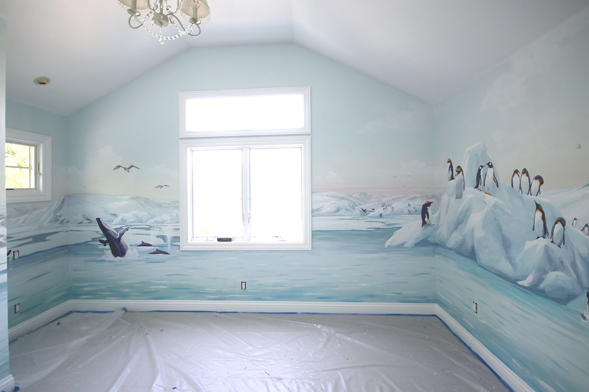 Iceberg Mural with Penguins and Humpback Whale in Bedroom