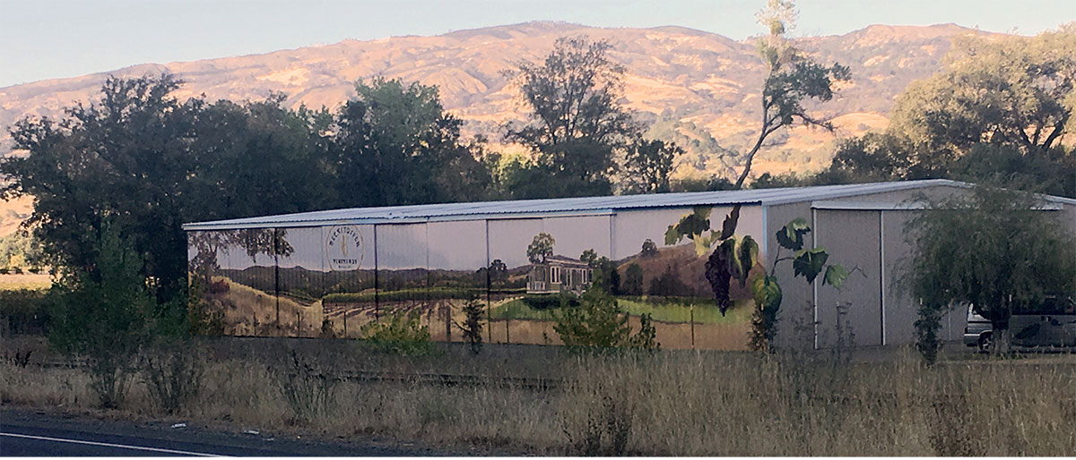 Mendocino Vineyard Mural on Barn Exterior Matches the Rolling Hills Landscape