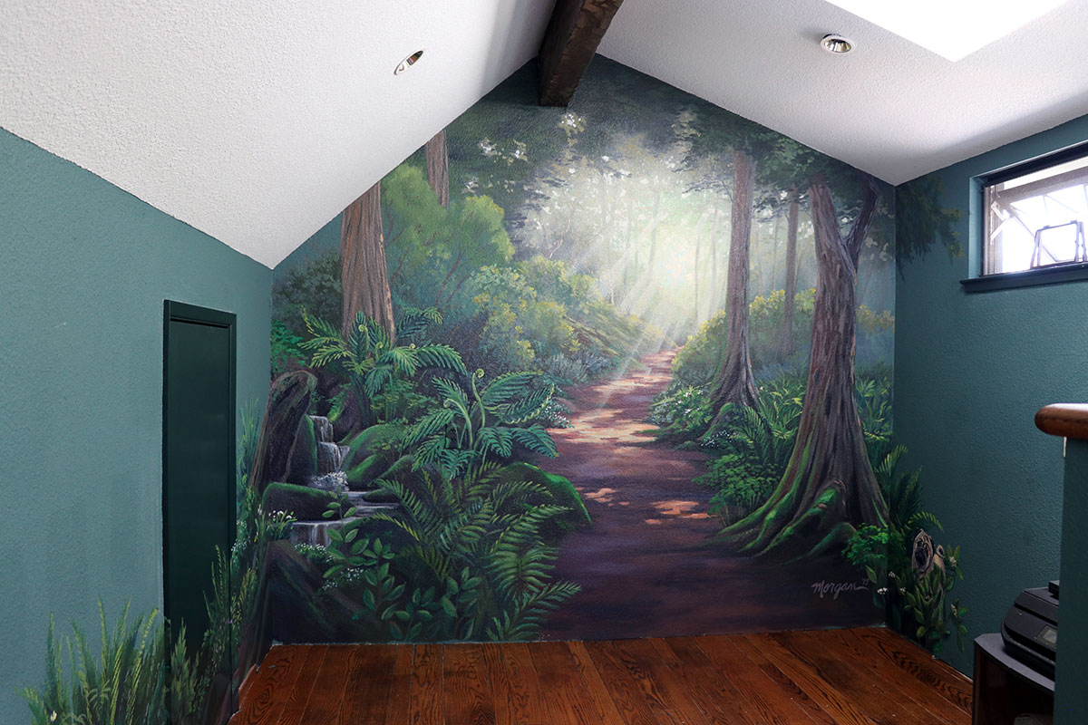Indoor Forest Mural with Dirt Trail and Light Shining Through Branches