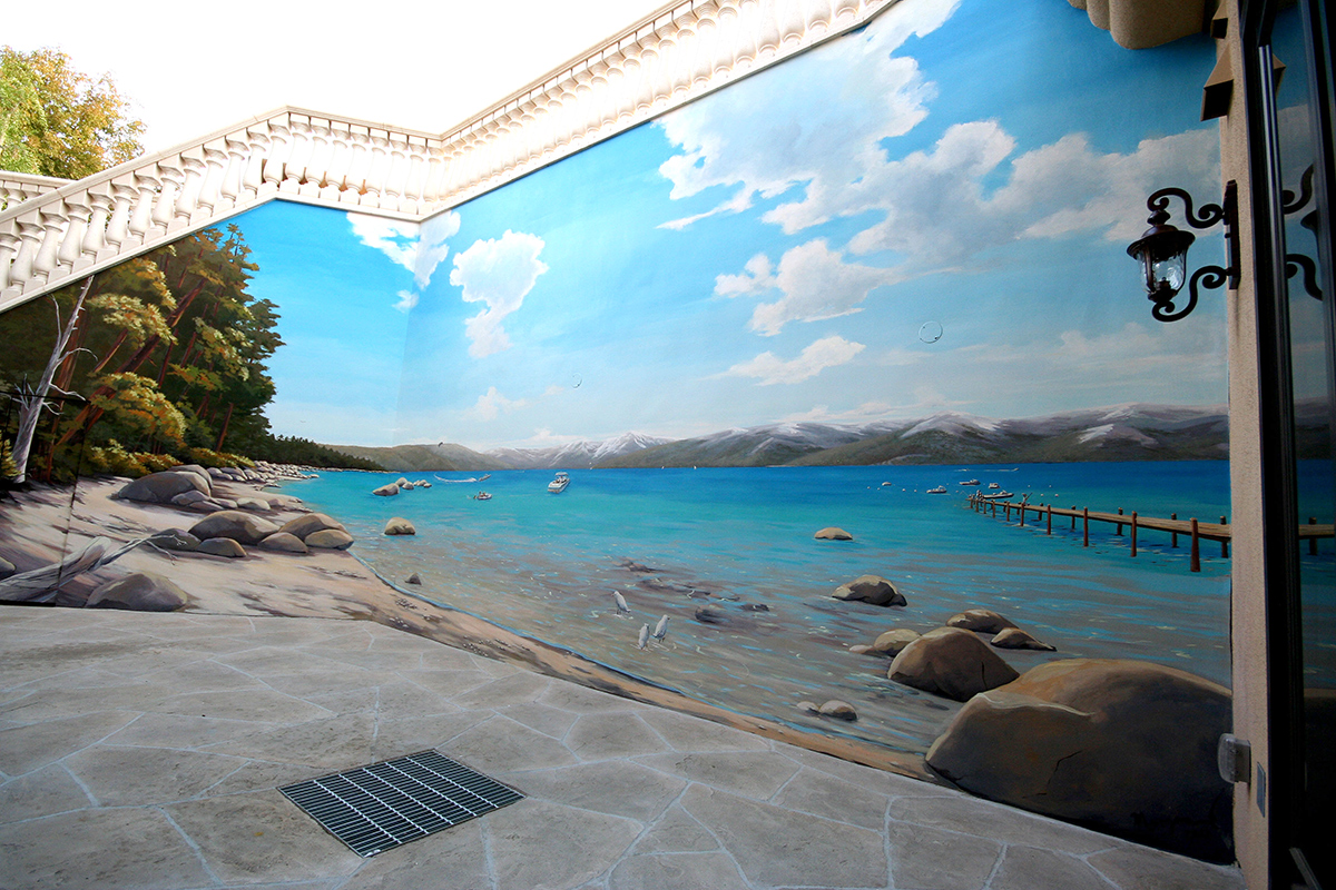 Lakeside Mural with Bright Blue Water and Puffy White Clouds for Outdoor Patio
