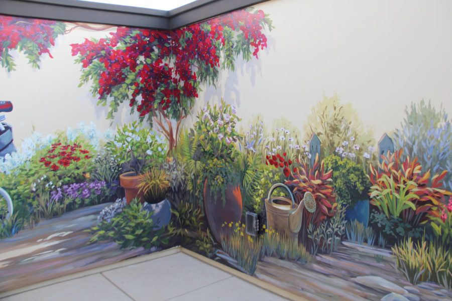 Garden Mural with Flower Pots and Watering Can