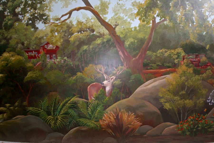 Nature mural with Buck in Foreground and Cabin in Background