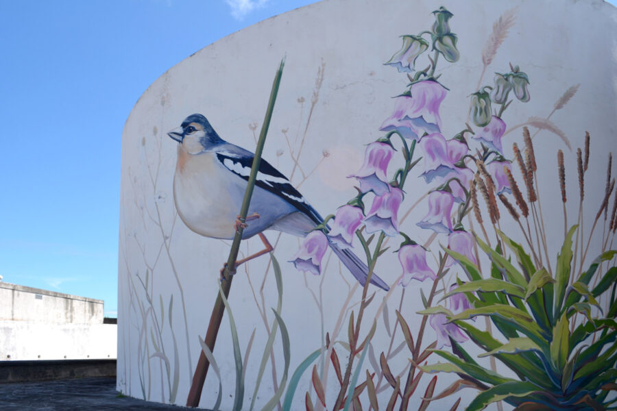 Blue Bird Mural with Painted Foxglove Flowers