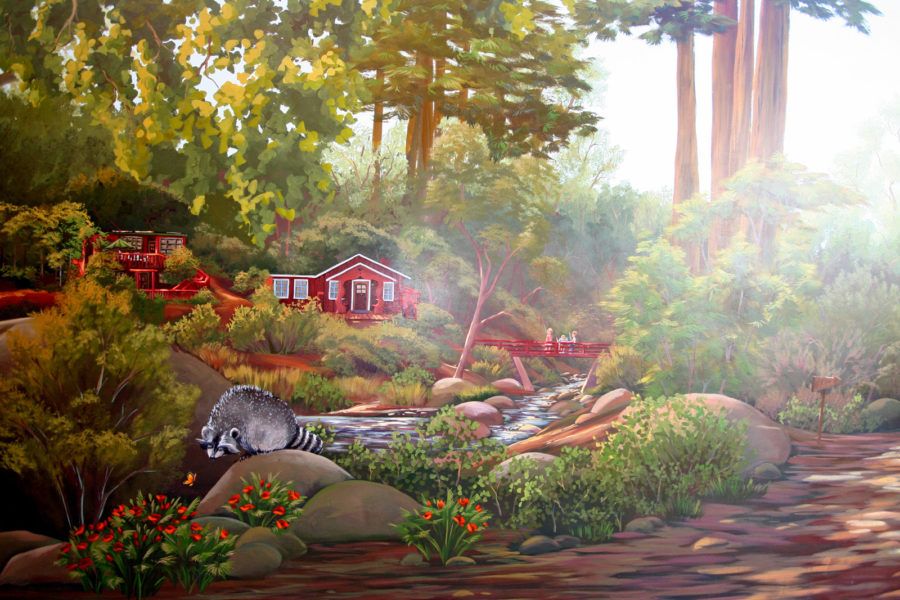 Nature Mural with Racoon in Foreground and Kids Fishing in Background