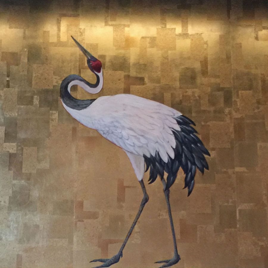 Gold Leaf Mural with Crane in Dining Room