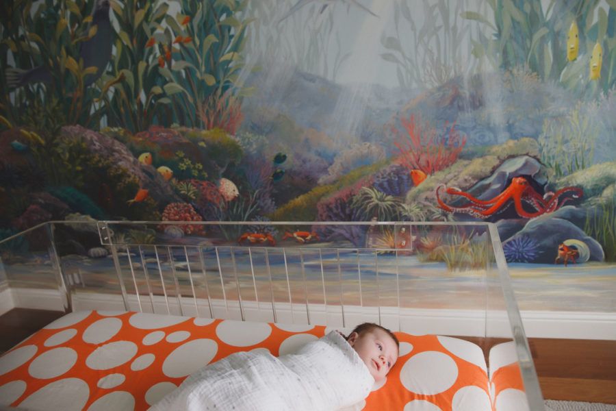 Underwater Mural Nursery with Baby in Crib