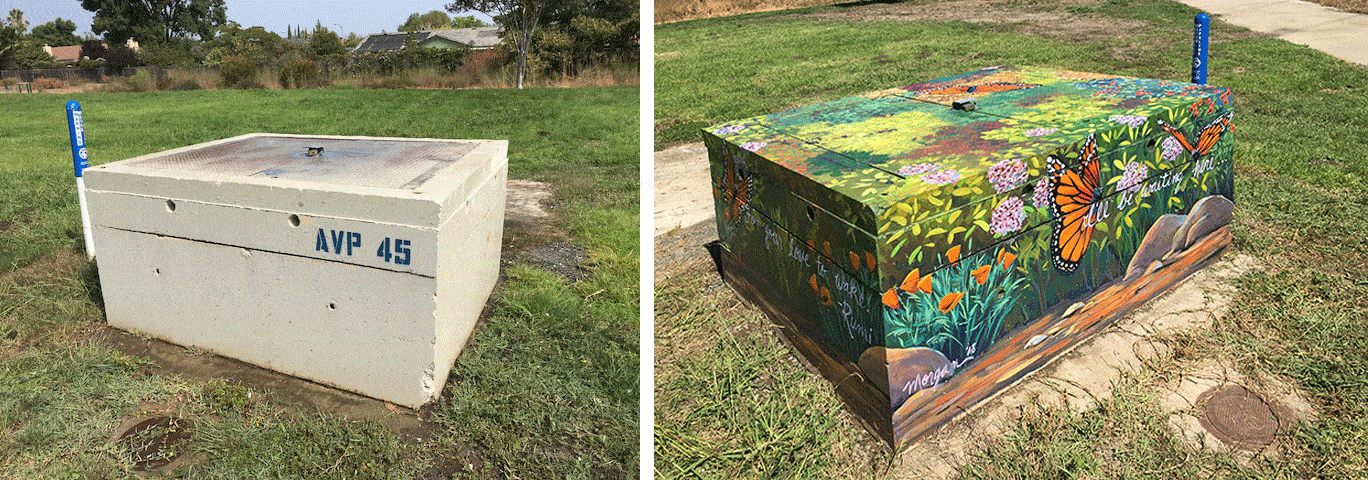 Handpainted Utility Box Art with Monarch Butterfly in Neighborhood