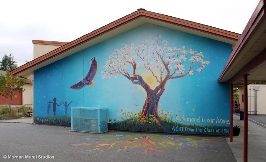 Flowering Almond Tree Mural Painted for Almond Elementary School in Los Altos, California