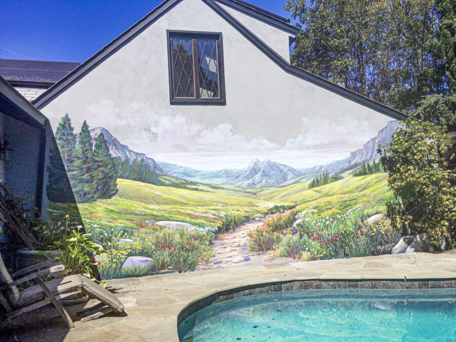 Scenic Alpine Landscape Mural Painting by Poolside