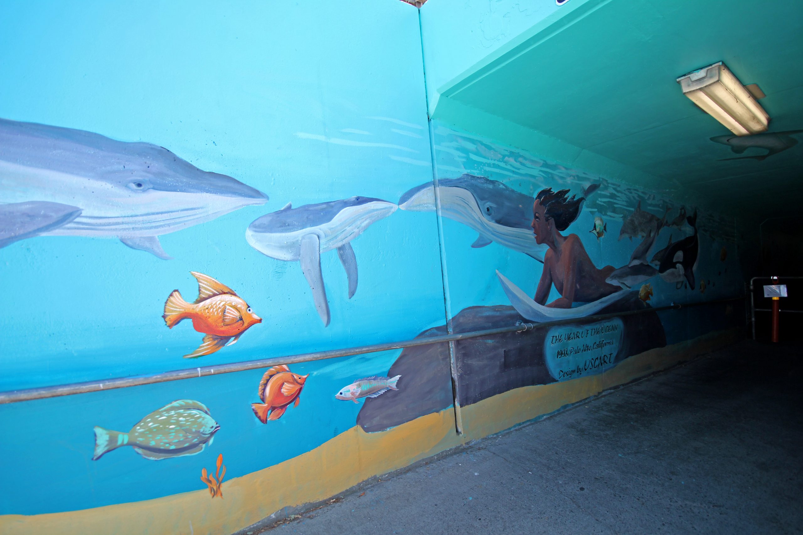 Surfer mural in freeway underpass