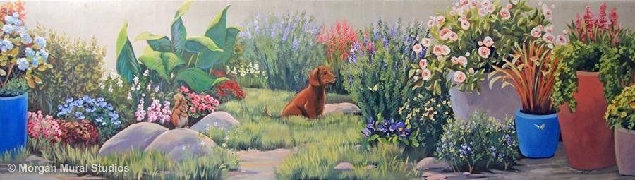 Garden Mural Painting with Flowers and Dachshund 