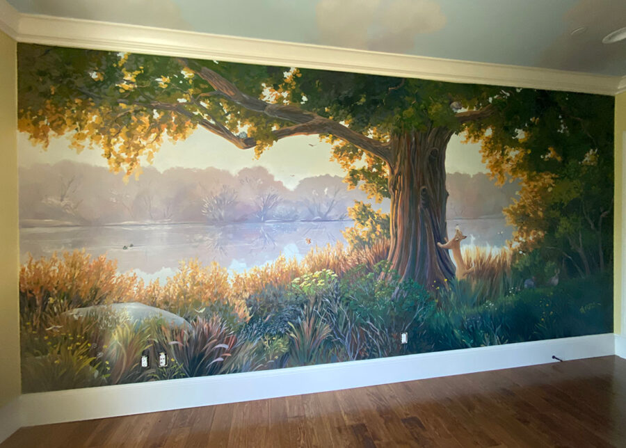 Nature Mural with Lakeside Landscape and Oak