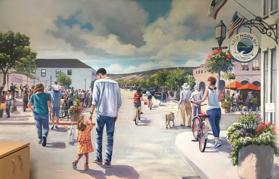 California mural painted of the coastal town Half Moon Bay