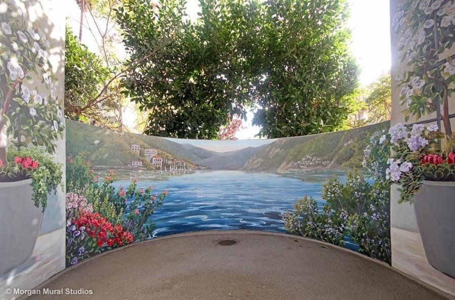 Large Patio Mural Painted with Ocean Views and Quaint Town