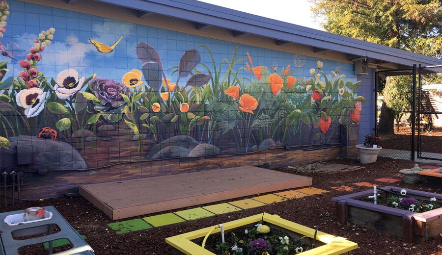 Flowers Painted Outdoors on a Garden Mural at a California Kindergarten School