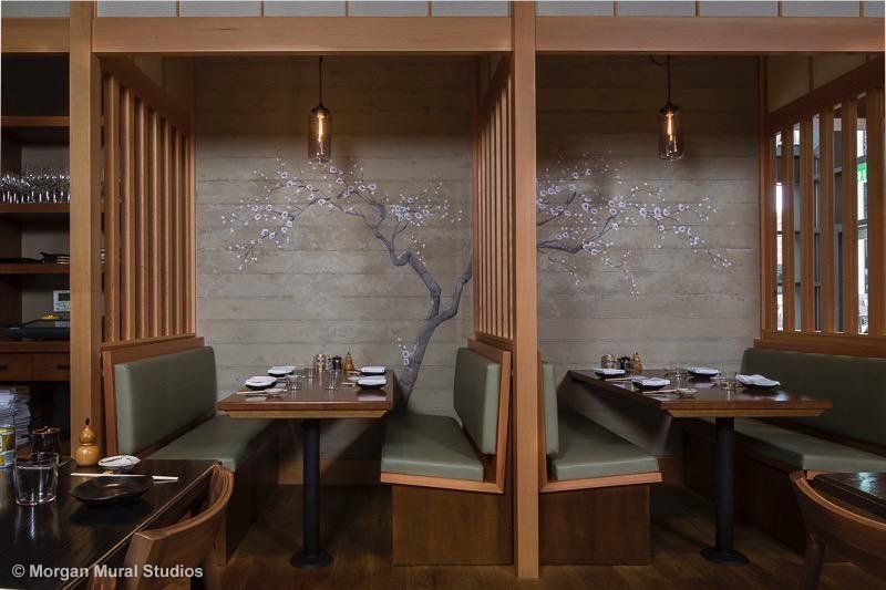 Booth Seat Mural with Cherry Blossom Tree Painting at Japanese Restaurant