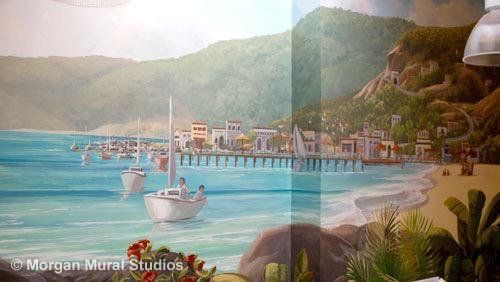 Fishing Boats Along Tropical Coastline Mural Painting