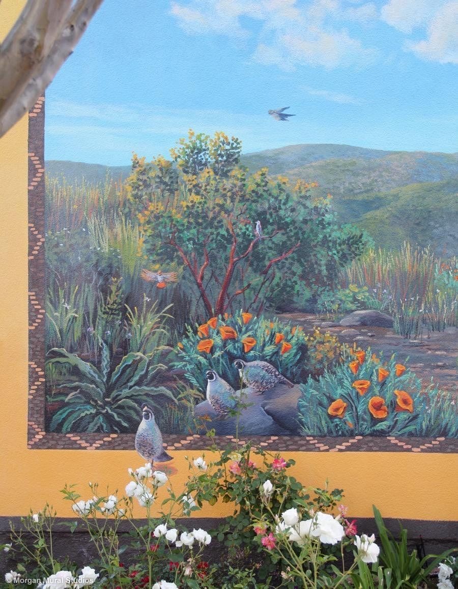Handpainted Quail Mural with California Poppies