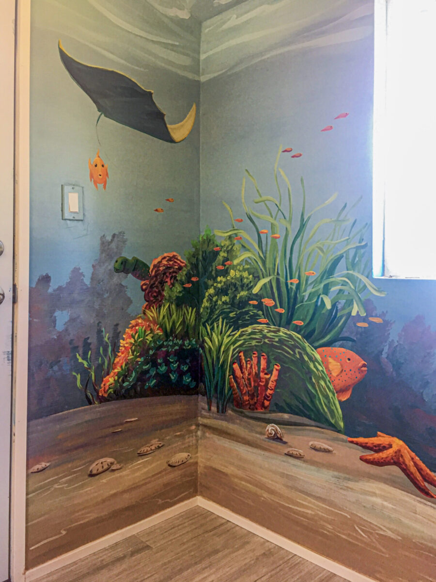 Underwater Seascape Mural Painting with Manta Ray, Starfish, and Moray Eel