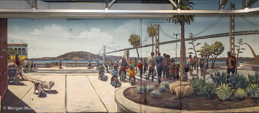 San Francisco Mural Painting with Waterfront Views and Crowd