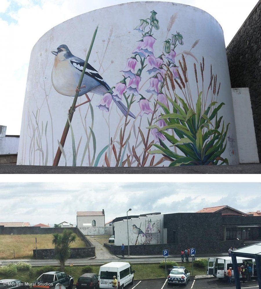 Bird on Branch Mural Painting with Foxglove Flowers