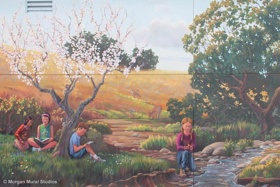 Readers Mural with Tree and Stream at Elementary School